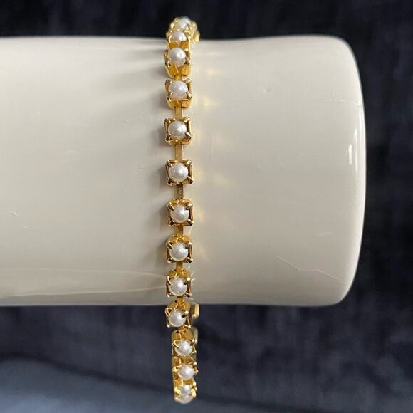 Ultra Thin Tennis Bracelet Tiny Pearlesquesc Beads On Gold Tone Metal - Picture 1 of 9